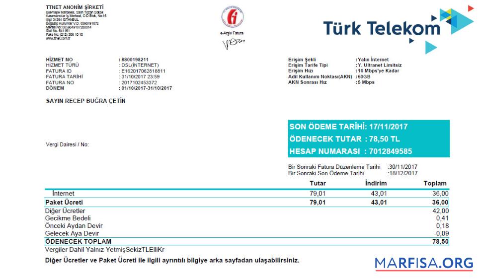 Downloadable Turkey Turktelekom utility bill template in Word and PDF format, fully editable